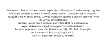 Tył opakowania wody perfumowanej Lattafa Aura: tekst z ostrzeżeniami, krajem pochodzenia i danymi producenta.