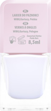 Biały lakier do paznokci Wibo w przezroczystej butelce z różową etykietą, widok z przodu, 8,5ml.