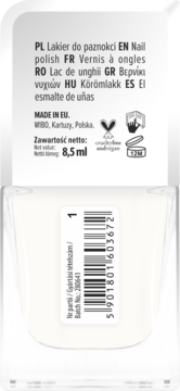 Tył białej buteleczki lakieru do paznokci WIBO z etykietą zawierającą skład w kilku językach, kod kreskowy i batch.