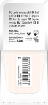 Tył beżowego lakieru do paznokci Wibo, z widoczną etykietą, objętością 8,5 ml i kodem kreskowym.