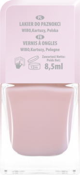 Jasnoróżowy lakier do paznokci Wibo 8,5ml w szklanej butelce, widok z przodu, z etykietą PL/FR.