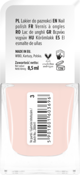 Tył bladoróżowego lakieru do paznokci 8,5 ml z etykietą, kodem kreskowym, ikonami cruelty-free i PAO.