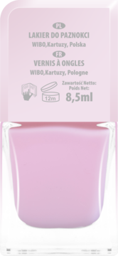 Lakier do paznokci WIBO w jasnoróżowym odcieniu, 8,5ml, w prostokątnej szklanej butelce, widok z przodu.