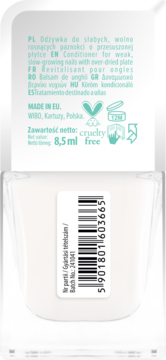 Tył białej odżywki do paznokci WIBO Calcium Milk Therapy 8,5 ml, z tekstem w wielu językach, kodem i logo cruelty-free.