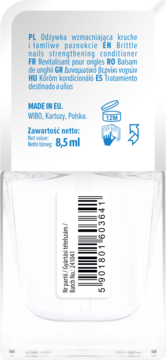 Tył białej butelki odżywki WIBO Diamond Hard wzmacniającej kruche paznokcie, z etykietą i kodem kreskowym.