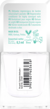 Tył opakowania białej odżywki regenerującej WIBO S.O.S. do zniszczonych paznokci, 8,5 ml, z tekstem i kodem EAN.