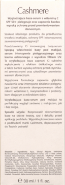 Tył opakowania wygładzającej bazy-serum Cashmere SPF 50+ z witaminą C, z listą składników po polsku.