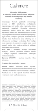 Tył Cashmere Mineralny fluid matujący, białe opakowanie z opisem, składnikami i informacją UV/UVB, 30ml.