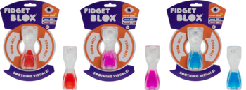 Fidget Blox Goliath: trzy zestawy sensorycznych zabawek (czerwona, różowa, niebieska) w opakowaniach, plus luzem.