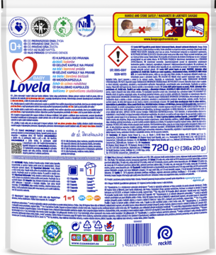 Tył biało-niebieskiego opakowania Lovela Baby, hipoalergiczne kapsułki 0+, z piktogramami i wagą 720g.