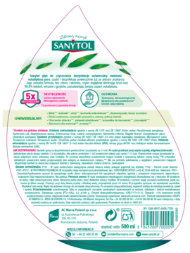 Tylna etykieta Sanytol, uniwersalnego środka czyszczącego 500 ml, biało-zielona, z różowym obramowaniem, opisem składu.