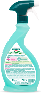 Tył turkusowej butelki Sanytol, uniwersalny środek czyszczący i dezynfekujący w sprayu, z eukaliptusem.