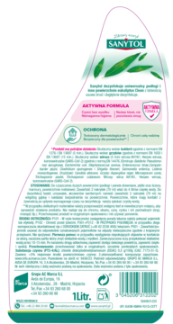 Tył butelki Sanytol, płyn do dezynfekcji podłóg eukaliptus 1L, instrukcje użycia i zielone liście.
