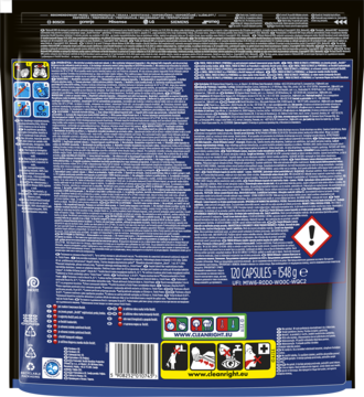 Tył ciemnoniebieskiego opakowania kapsułek Finish Ultimate All-in-1 Lemon, z tekstami i piktogramami ostrzegawczymi.
