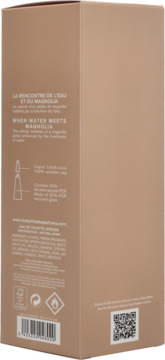 Tył beżowego opakowania Issey Miyake Magnolia Intense, z opisem zapachu i recyklingowymi ikonami.