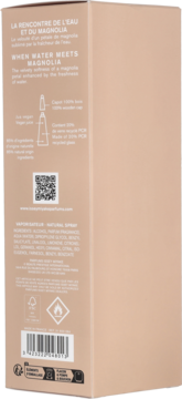 Tył beżowego opakowania wody toaletowej Issey Miyake Magnolia Intense, z opisem i symbolami.