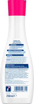 Tył butelki perfum do prania Dr. Beckmann RÓŻA 250ml, białe opakowanie z różowym korkiem, widoczne informacje i skład.