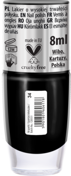 Czarny lakier do paznokci Classic nr 34, tył butelki 8ml z kodem kreskowym i ikoną cruelty-free.