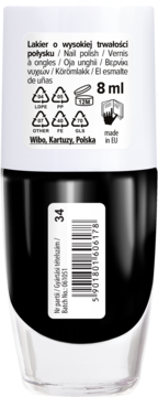 Tył czarnego lakieru do paznokci Wibo w odcieniu nr 34, z białą nakrętką. Widoczna etykieta z kodem kreskowym i napisem "8 ml".