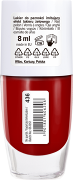 Czerwony lakier do paznokci Wibo Gloss Like Gel nr 436, widok z tyłu buteleczki z etykietami.