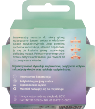 Tył zielonego opakowania masażera do skóry głowy. Widoczne info o jonach srebra, ergonomii i rysunek masażera.