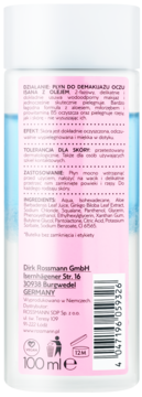 Tył butelki Isana dwufazowy płyn do demakijażu oczu z olejem. Różowa etykieta z polskim opisem, składnikami, kodem.