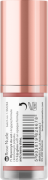 Błyszczyk Rose Nude Brush Up! z kryjącą formułą, przezroczysta butelka z miedzianą zakrętką, widok boczny etykiety.