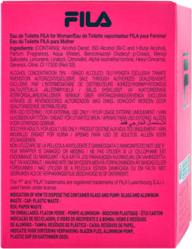 Tył różowego opakowania Fila Eau de Toilette for Woman, z etykietami zawierającymi skład i recykling.