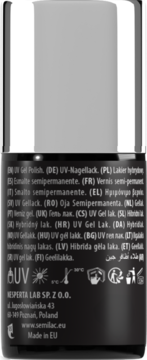Tył czarnej butelki Semilac Smart Extend lakieru hybrydowego ze srebrną nakrętką, białymi napisami i symbolami.