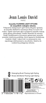 Tył opakowania szczotki Jean Louis David FLOWING LIGHT STYLING do rozczesywania włosów, z opisem w PL, kodem kreskowym i ikonami.