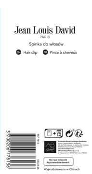 Jean Louis David spinka do włosów, tył opakowania z kodem kreskowym i napisem Wyprodukowano w Chinach.