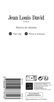 Tył opakowania klamry do włosów Jean Louis David, białe, z kodem kreskowym i napisem 'Made in China'.