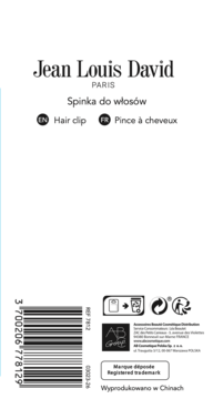 Tył opakowania spinki do włosów Jean Louis David z kodem kreskowym, opisami w PL/EN/FR i symbolami recyklingu.