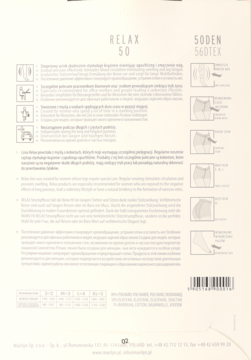 Tył białego opakowania rajstop Relax 50, z opisem działania, stopniową kompresją i tabelą rozmiarów.
