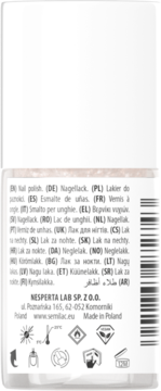 Tył buteleczki lakieru do paznokci Semilac z białym, prostokątnym etykietą i tekstem w wielu językach.