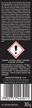 Tył czarnego opakowania z białym tekstem, symbolem ostrzegawczym, adresem Nesperta Europe, kodem kreskowym i wagą 30g.