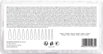 Tył przezroczystego pudełka Semilac z białymi, spiczastymi górnymi formami do akrylożelu. Widoczny kod kreskowy.
