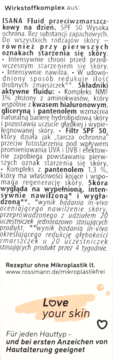 Biała ulotka informacyjna ISANA Fluid SPF 50 przeciwzmarszczkowy, z opisem i logo „Love your skin” na dole.