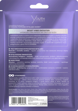 Tył fioletowej saszetki hydrożelowej maski AA Youth Supreme Reset Vibes Booster na oczy z opisem po polsku.