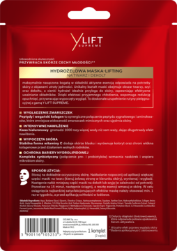 Tył czerwonej hydrożelowej maski liftingującej AA Y Lift Supreme, szczegóły składu (wit. C, peptydy) i użycia.