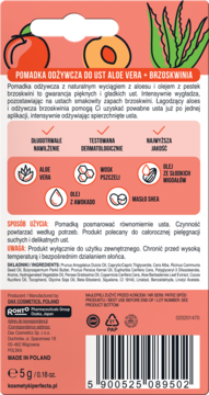 Tył opakowania pomadki odżywczej Dax Aloe Vera + Brzoskwinia 5g, z polskimi opisami, grafiką owoców i aloesu, i kodem kreskowym.