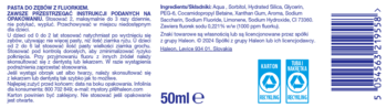 Tył opakowania dziecięcej pasty do zębów Sensodyne ProSzkliwo 0-6 lat, z czytelnym tekstem i kodem kreskowym.
