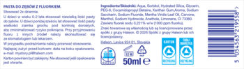 Tył opakowania pasty do zębów dla dzieci z fluorem, 50ml, z listą składników, instrukcją i kodem kreskowym.