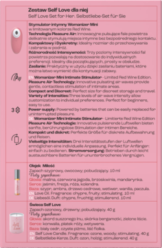 Różowa karta informacyjna zestawu Self Love dla niej, z Womanizer Mini, olejkiem Miłość i świecą.