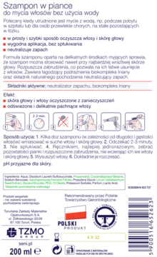Tył białej butelki szamponu Seni Care w piance 200 ml, do mycia włosów bez wody, z polskimi napisami.