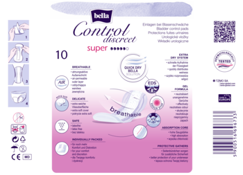 Biało-fioletowe opakowanie wkładek urologicznych Bella Control Discreet super, widok z przodu.