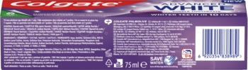 Tył fioletowego opakowania pasty Colgate Advanced White z tekstem o technologii rozjaśniania koloru i kodem.