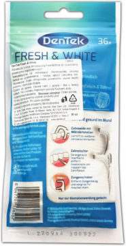 Tył niebiesko-białego opakowania DenTek Fresh & White 36 wykałaczek z nicią dentystyczną, z polskim opisem i ilustracjami.