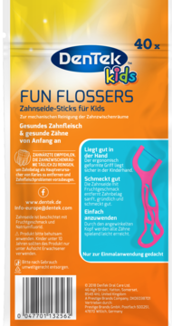 Tył opakowania DenTek Kids Fun Flossers 40 sztuk. Widoczny różowy flosser i tekst, o smaku owocowym.