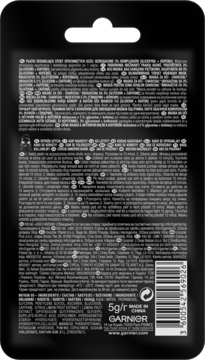 Tył czarnego opakowania płatków pod oczy Garnier Charcoal Caffeine z kofeiną, licznymi napisami i kodem kreskowym.